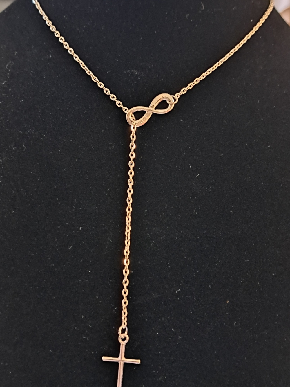 Delicate Silver Infinity Lariat Necklace with Cross Pendant